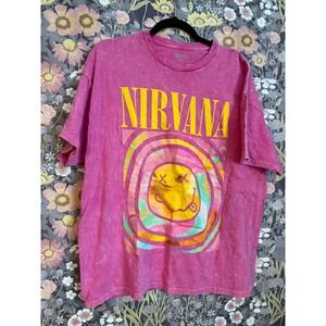 NIRVANA Smiley Face Tie Dye Graphic T Shirt Pink Yellow Oversized XL